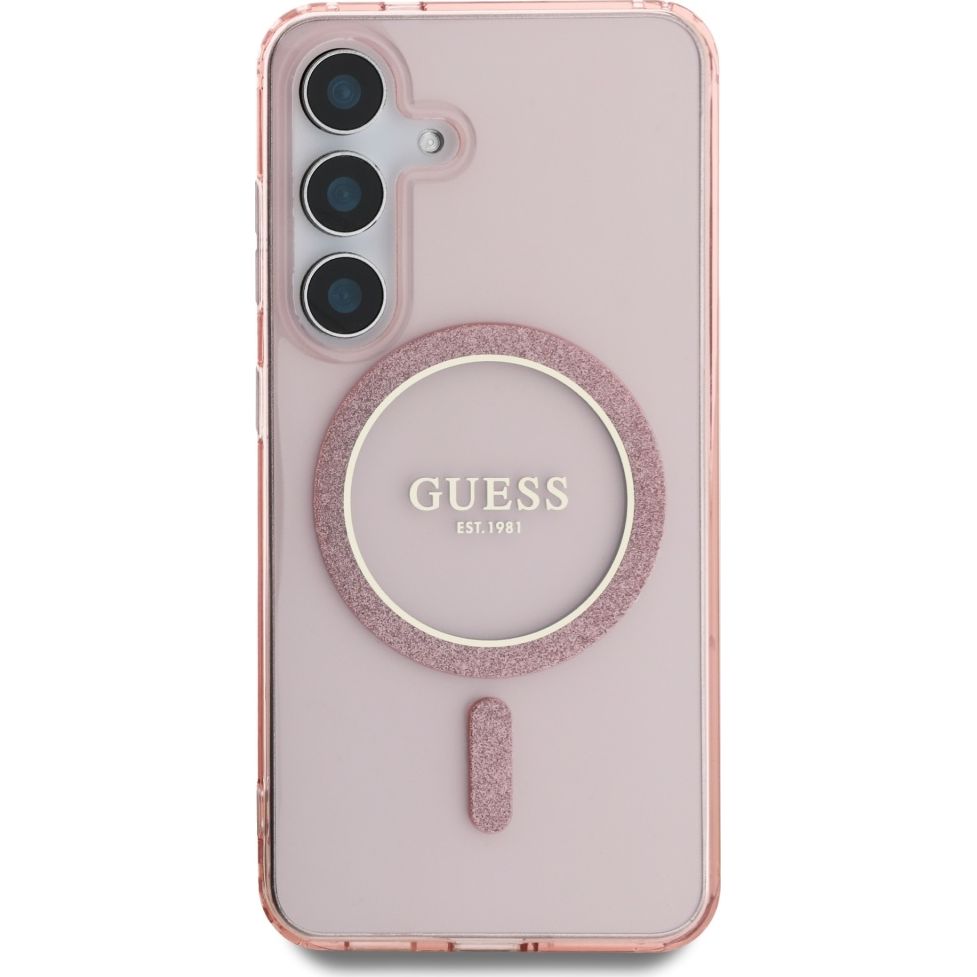 Etui Guess Glitter Circle Classic Logo do MagSafe do Samsung Galaxy S25, różowe